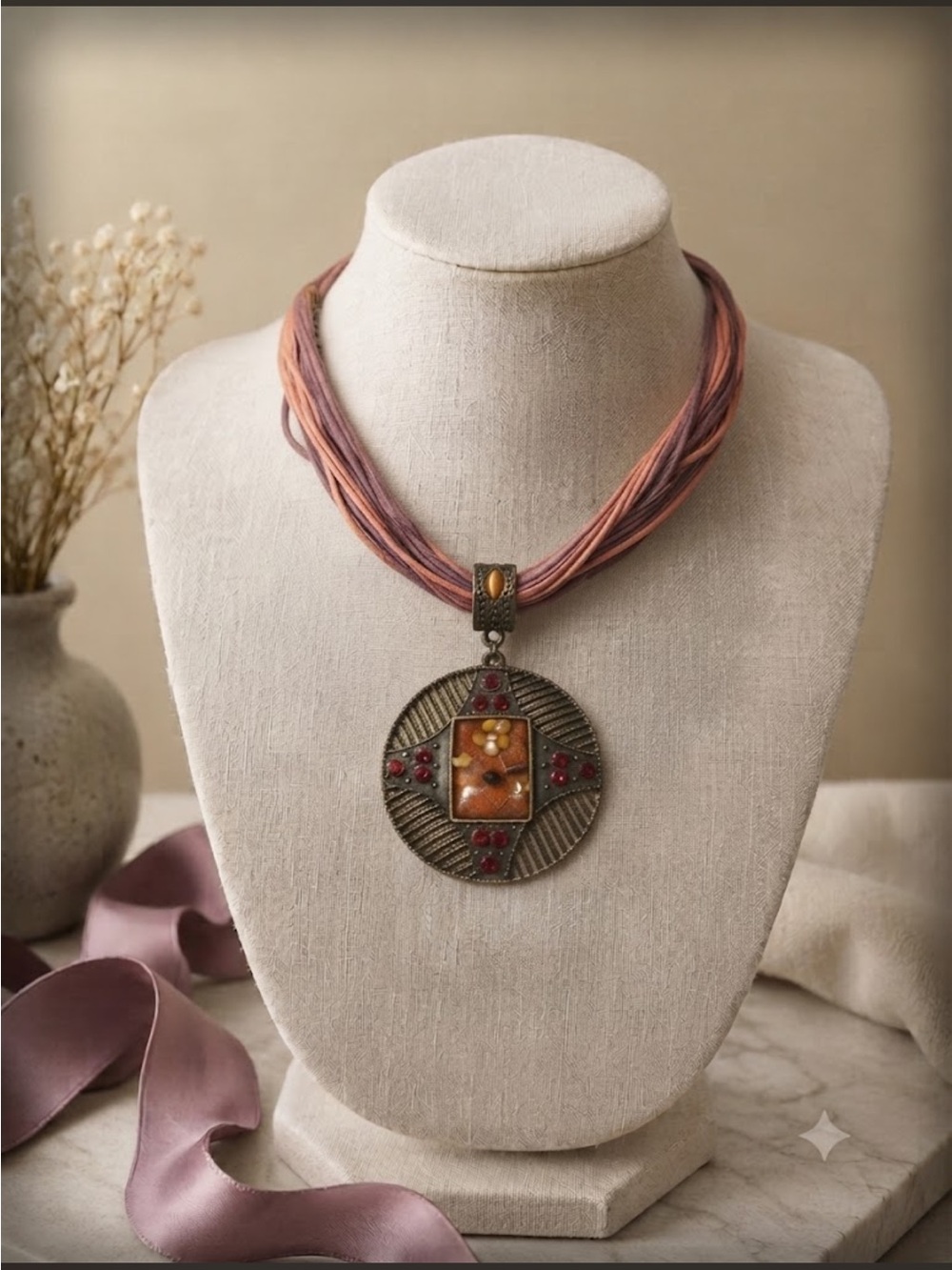 Vintage Boho Multi-Strand Cord Choker Necklace Ornate Medallion Pendant